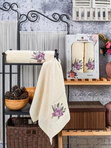 Подарочный набор полотенец для ванной 50х90, 70х140 Merzuka MARIA хлопковая махра экрю, фото, фотография