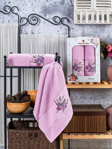 Подарочный набор полотенец для ванной 50х90, 70х140 Merzuka MARIA хлопковая махра сиреневый, фото, фотография