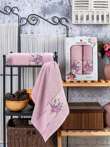 Подарочный набор полотенец для ванной 50х90, 70х140 Merzuka MARIA хлопковая махра светло-розовый, фото, фотография