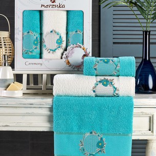 Подарочный набор полотенец для ванной 50х90(2), 70х140(1) Merzuka CEREMONY хлопковая махра бирюзовый