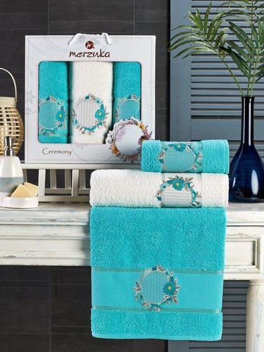 Подарочный набор полотенец для ванной 50х90(2), 70х140(1) Merzuka CEREMONY хлопковая махра бирюзовый, фото, фотография