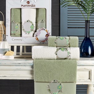 Подарочный набор полотенец для ванной 50х90(2), 70х140(1) Merzuka CEREMONY хлопковая махра зелёный