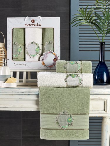 Подарочный набор полотенец для ванной 50х90(2), 70х140(1) Merzuka CEREMONY хлопковая махра зелёный, фото, фотография