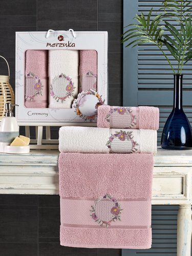 Подарочный набор полотенец для ванной 50х90(2), 70х140(1) Merzuka CEREMONY хлопковая махра розовый, фото, фотография