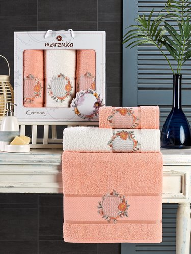 Подарочный набор полотенец для ванной 50х90(2), 70х140(1) Merzuka CEREMONY хлопковая махра оранжевый, фото, фотография