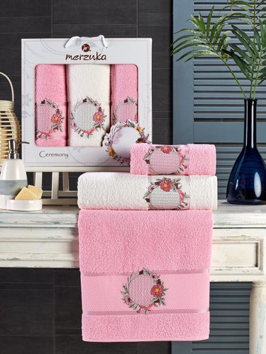 Подарочный набор полотенец для ванной 50х90(2), 70х140(1) Merzuka CEREMONY хлопковая махра светло-розовый, фото, фотография