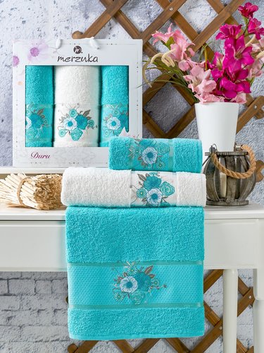 Подарочный набор полотенец для ванной 50х90(2), 70х140(1) Merzuka DURU хлопковая махра бирюзовый, фото, фотография