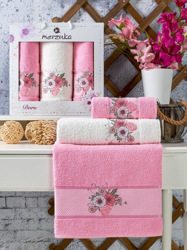 Подарочный набор полотенец для ванной 50х90(2), 70х140(1) Merzuka DURU хлопковая махра розовый, фото, фотография