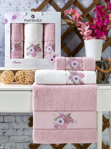 Подарочный набор полотенец для ванной 50х90(2), 70х140(1) Merzuka DURU хлопковая махра светло-розовый, фото, фотография