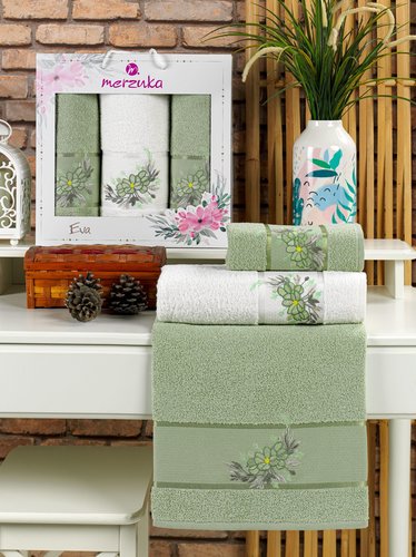 Подарочный набор полотенец для ванной 50х90(2), 70х140(1) Merzuka EVA хлопковая махра зелёный, фото, фотография