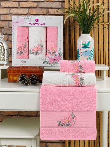 Подарочный набор полотенец для ванной 50х90(2), 70х140(1) Merzuka EVA хлопковая махра розовый, фото, фотография