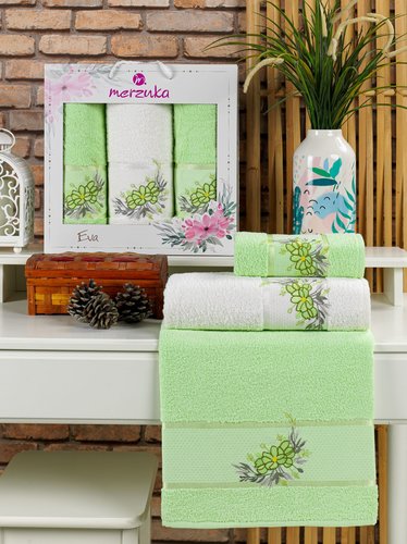 Подарочный набор полотенец для ванной 50х90(2), 70х140(1) Merzuka EVA хлопковая махра фисташковый, фото, фотография