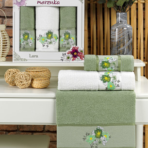 Подарочный набор полотенец для ванной 50х90(2), 70х140(1) Merzuka LARA хлопковая махра зелёный