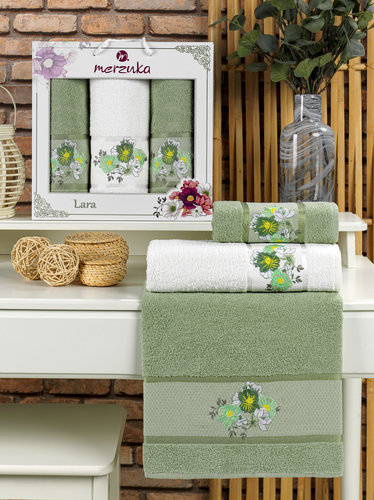 Подарочный набор полотенец для ванной 50х90(2), 70х140(1) Merzuka LARA хлопковая махра зелёный, фото, фотография