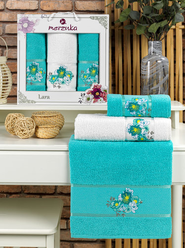 Подарочный набор полотенец для ванной 50х90(2), 70х140(1) Merzuka LARA хлопковая махра бирюзовый, фото, фотография