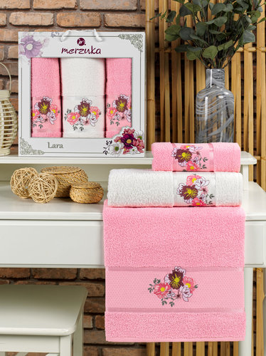 Подарочный набор полотенец для ванной 50х90(2), 70х140(1) Merzuka LARA хлопковая махра розовый, фото, фотография