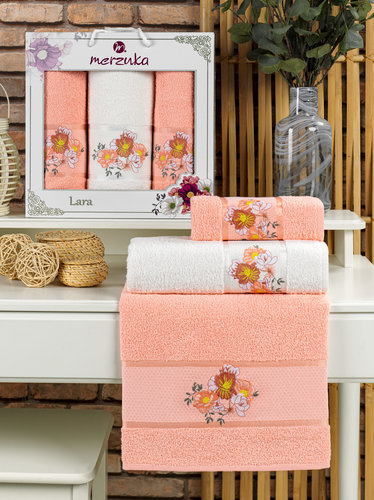 Подарочный набор полотенец для ванной 50х90(2), 70х140(1) Merzuka LARA хлопковая махра оранжевый, фото, фотография