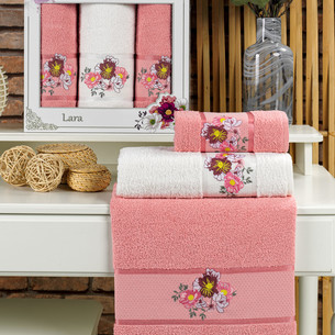 Подарочный набор полотенец для ванной 50х90(2), 70х140(1) Merzuka LARA хлопковая махра брусничный