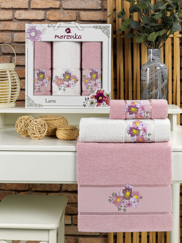 Подарочный набор полотенец для ванной 50х90(2), 70х140(1) Merzuka LARA хлопковая махра светло-розовый, фото, фотография