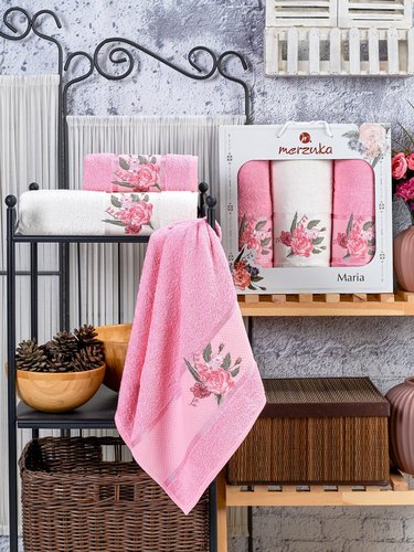 Подарочный набор полотенец для ванной 50х90(2), 70х140(1) Merzuka MARIA хлопковая махра розовый, фото, фотография