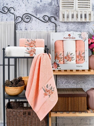 Подарочный набор полотенец для ванной 50х90(2), 70х140(1) Merzuka MARIA хлопковая махра оранжевый, фото, фотография