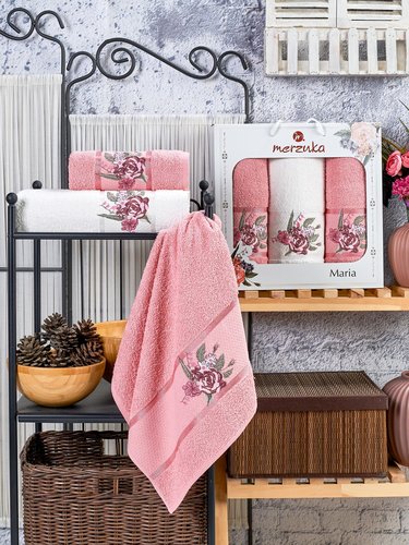 Подарочный набор полотенец для ванной 50х90(2), 70х140(1) Merzuka MARIA хлопковая махра брусничный, фото, фотография