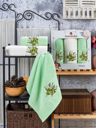 Подарочный набор полотенец для ванной 50х90(2), 70х140(1) Merzuka MARIA хлопковая махра фисташковый, фото, фотография