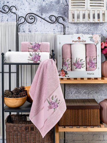 Подарочный набор полотенец для ванной 50х90(2), 70х140(1) Merzuka MARIA хлопковая махра светло-розовый, фото, фотография