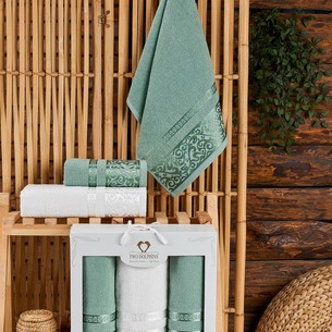 Подарочный набор полотенец для ванной 50х90(2), 70х140(1) Two Dolphins KALIMNOS хлопковая махра зелёный