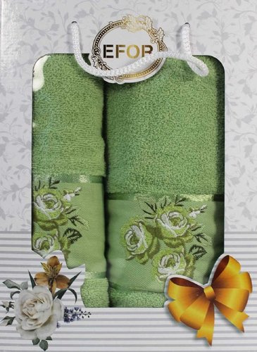 Подарочный набор полотенец для ванной 50х90, 70х140 Efor КОРОЛЕВСКАЯ РОЗА хлопковая махра зелёный, фото, фотография