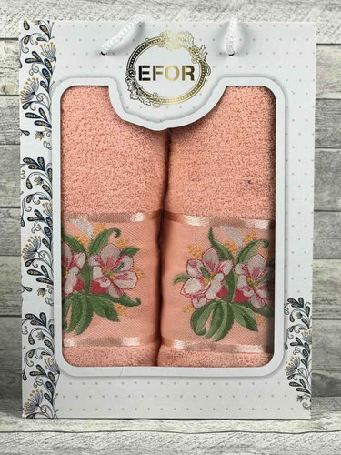 Подарочный набор полотенец для ванной 50х90, 70х140 Efor ZAMBAK хлопковая махра персиковый, фото, фотография