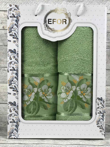 Подарочный набор полотенец для ванной 50х90, 70х140 Efor ZAMBAK хлопковая махра зелёный, фото, фотография