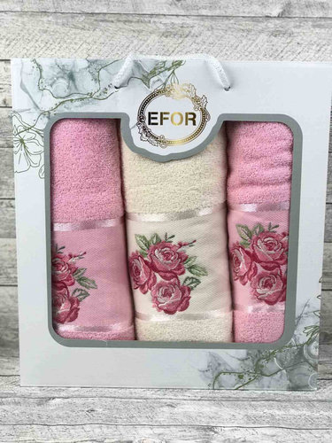 Подарочный набор полотенец для ванной 50х90(2), 70х140(1) Efor GUL хлопковая махра розовый, фото, фотография