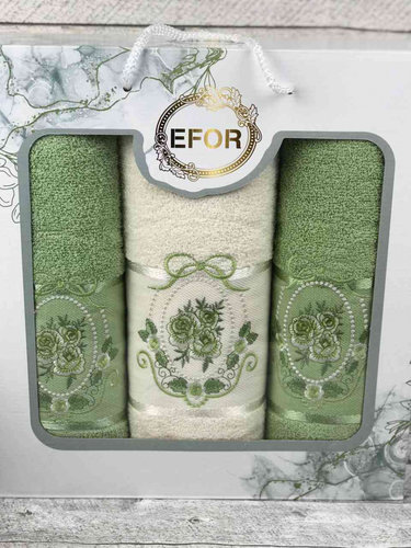 Подарочный набор полотенец для ванной 50х90(2), 70х140(1) Efor КОРОЛЕВСКАЯ РОЗА хлопковая махра зелёный, фото, фотография
