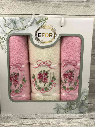 Подарочный набор полотенец для ванной 50х90(2), 70х140(1) Efor КОРОЛЕВСКАЯ РОЗА хлопковая махра розовый, фото, фотография