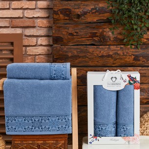 Подарочный набор полотенец для ванной 50х90, 70х140 Two Dolphins KALUGA хлопковая махра тёмно-голубой