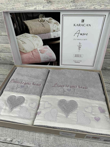 Подарочный набор полотенец для ванной 50х90, 70х140 Karacan AMORE хлопковая махра сиреневый, фото, фотография