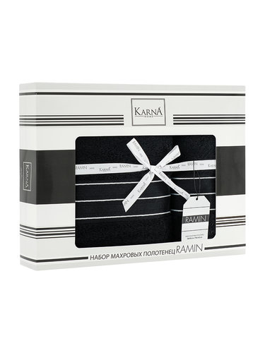 Подарочный набор полотенец для ванной 50х90, 70х140 Karna RAMIN хлопковая махра чёрный, фото, фотография