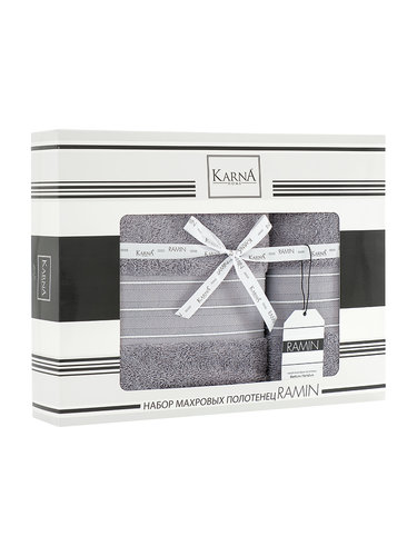 Подарочный набор полотенец для ванной 50х90, 70х140 Karna RAMIN хлопковая махра тёмно-серый, фото, фотография