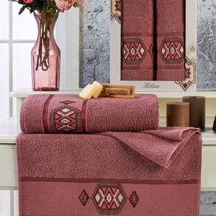 Подарочный набор полотенец для ванной 50х90, 70х140 Merzuka KILIM хлопковая махра брусничный