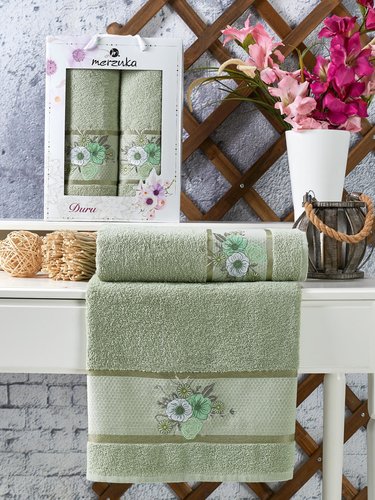 Подарочный набор полотенец для ванной 50х90, 70х140 Merzuka DURU хлопковая махра зелёный, фото, фотография