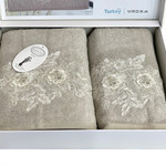 Подарочный набор полотенец для ванной 50х90, 70х140 Karven FLOWERS бамбуковая махра бежевый, фото, фотография