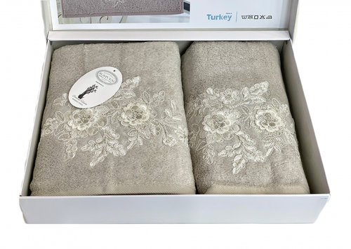Подарочный набор полотенец для ванной 50х90, 70х140 Karven FLOWERS бамбуковая махра бежевый, фото, фотография