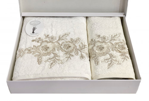 Подарочный набор полотенец для ванной 50х90, 70х140 Karven FLOWERS бамбуковая махра кремовый, фото, фотография