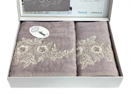Подарочный набор полотенец для ванной 50х90, 70х140 Karven FLOWERS бамбуковая махра лиловый, фото, фотография