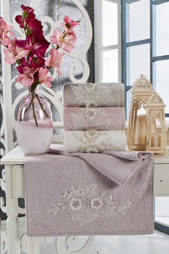 Подарочный набор полотенец для ванной 3 пр. Karven FLOWERS бамбуковая махра кремовый, фото, фотография