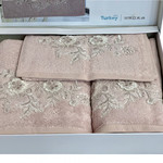 Подарочный набор полотенец для ванной 3 пр. Karven FLOWERS бамбуковая махра пудра, фото, фотография