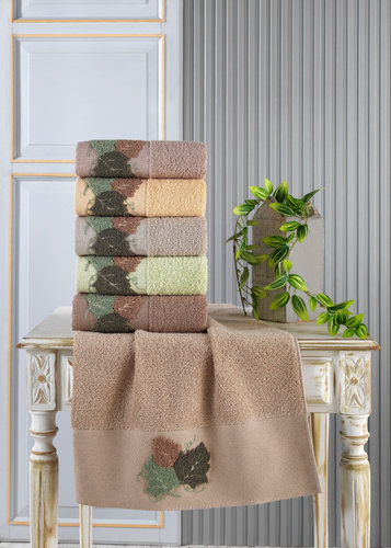 Подарочный набор полотенец для ванной 50х90, 70х140 Karven ЛИСТЬЯ хлопковая махра какао, фото, фотография