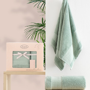 Подарочный набор полотенец для ванной 50х90, 70х140 Karna ROSALINA хлопковая махра зелёный