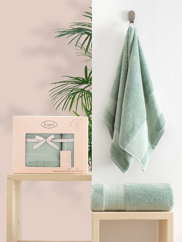 Подарочный набор полотенец для ванной 50х90, 70х140 Karna ROSALINA хлопковая махра зелёный, фото, фотография